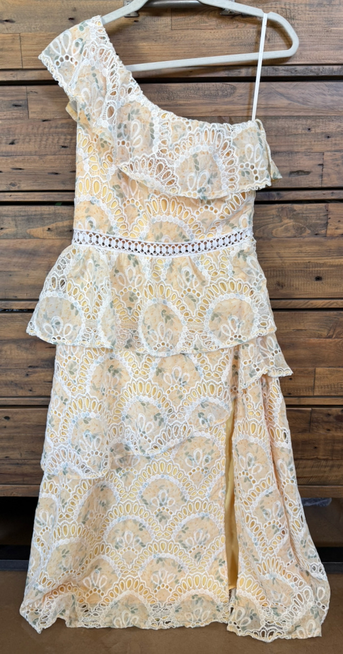 Just Me Dress Women's Large Yellow Lace Floral One Shoulder Ruffle Maxi NWT